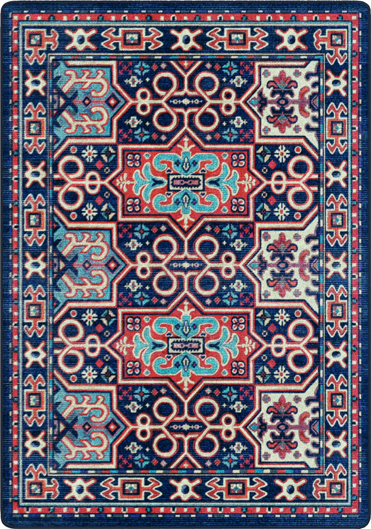 A square area rug with a traditional ornate pattern in navy blue, red, light blue, and cream, filling the entire frame.