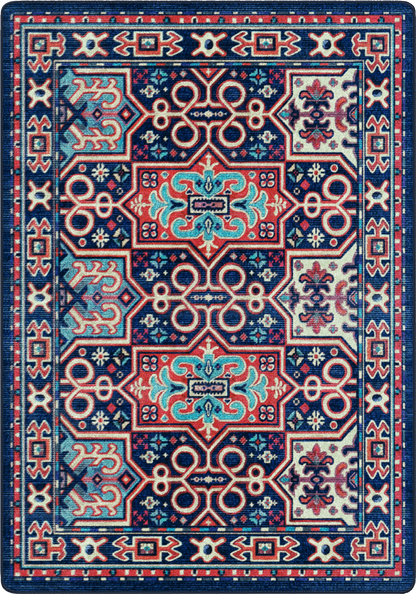 A square area rug with a traditional ornate pattern in navy blue, red, light blue, and cream, filling the entire frame.