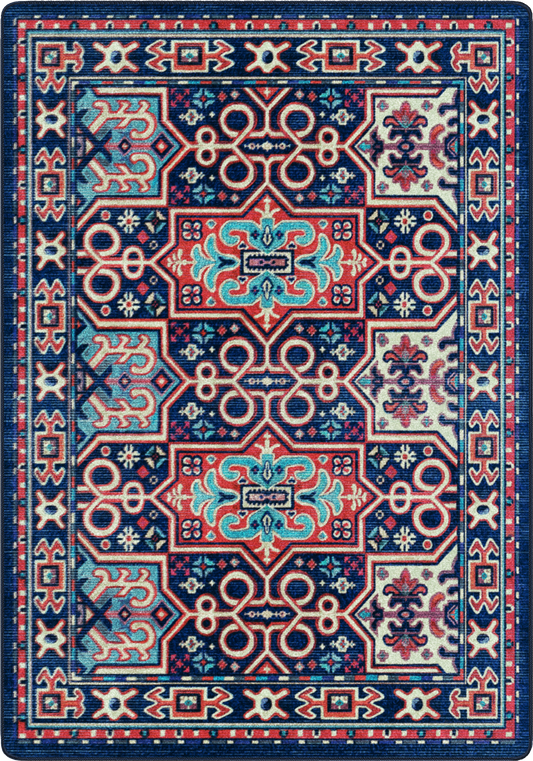 A square area rug with a traditional ornate pattern in navy blue, red, light blue, and cream, filling the entire frame.