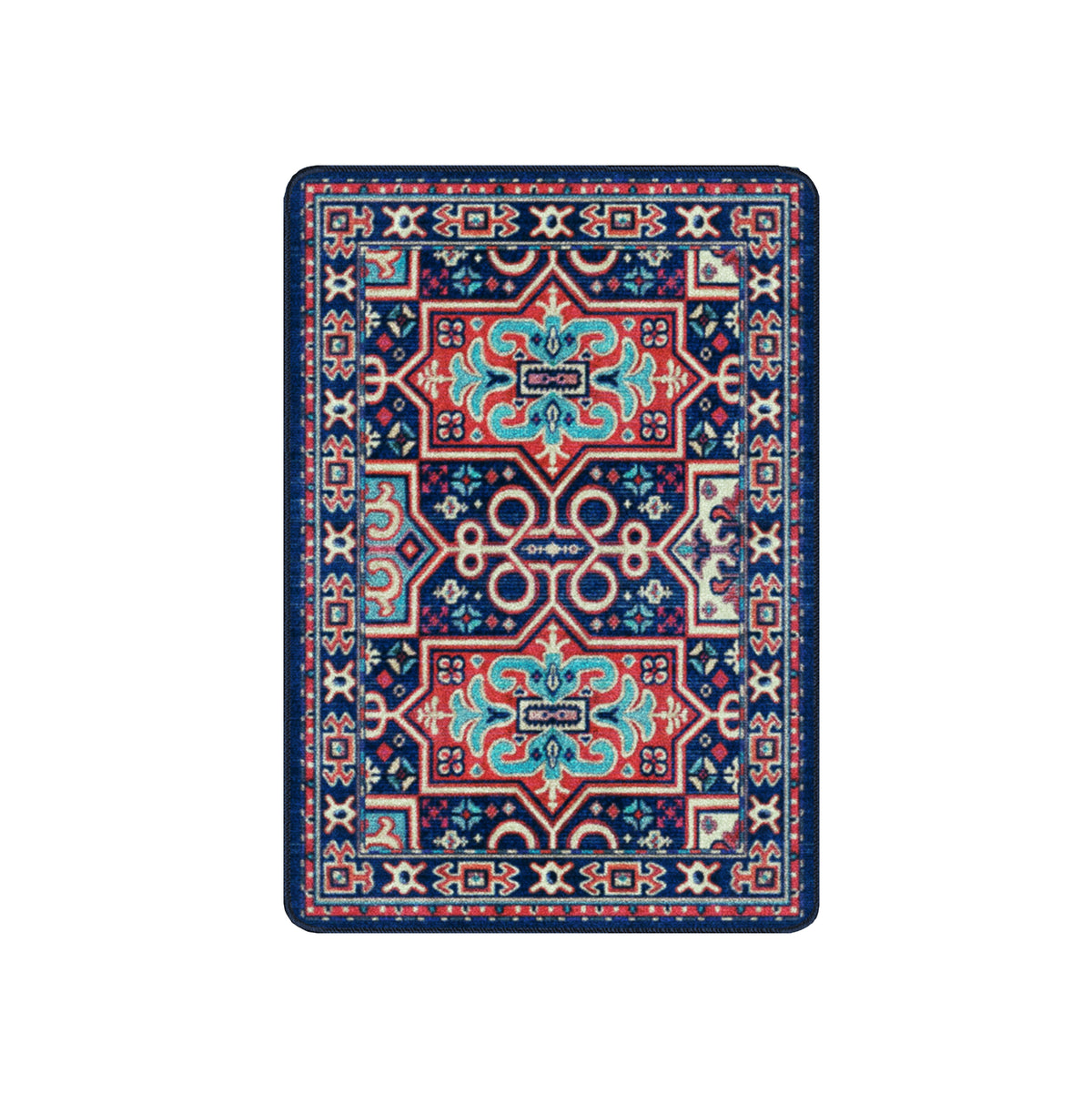 A rectangular area rug with a traditional ornamental pattern, featuring a dark navy blue base with red, turquoise, and cream geometric and floral motifs.