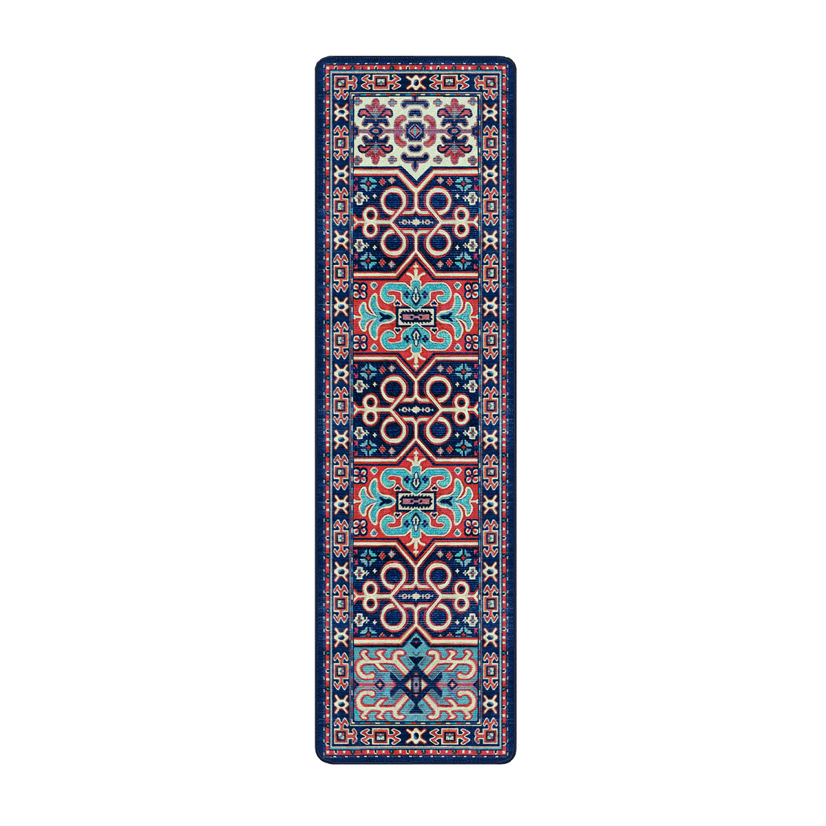 A long, narrow rectangular rug with a traditional geometric pattern in navy blue, red, turquoise, and cream, shown flat against a solid white background.