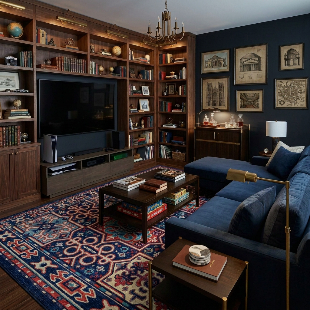 A styled living room featuring a large dark blue sectional sofa, a matching accent chair, a patterned oriental area rug, a wooden coffee table, and a built-in wooden bookshelf with a television. The room has dark navy blue walls adorned with framed art, and warm lighting from a chandelier and wall sconces.