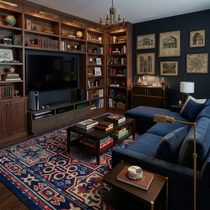 A styled living room featuring a large dark blue sectional sofa, a matching accent chair, a patterned oriental area rug, a wooden coffee table, and a built-in wooden bookshelf with a television. The room has dark navy blue walls adorned with framed art, and warm lighting from a chandelier and wall sconces.