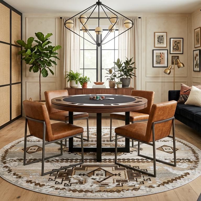 A styled interior room featuring a round dining table with four brown leather chairs on a patterned round rug, set in a warm, modern living space with a sofa, plants, and large windows.