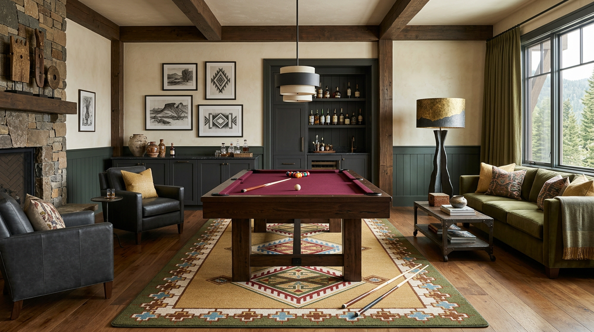 A rustic lodge-style game room featuring a dark wood ppool table with a deep red felt surface, surrounded by a patterned area rug, a green sofa, leather armchairs, a stone fireplace, and a tall window…