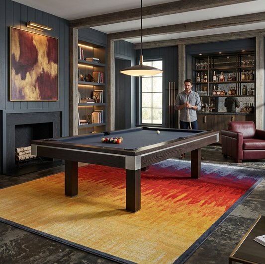 A modern home bar and pool room with a dark wood ppool table centered on a large yellow, orange, and red gradient rug. The room features dark gray paneled walls, built-in shelves, a fireplace, leather…