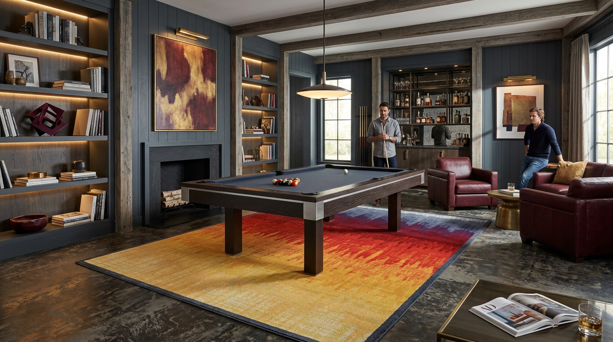 A modern home bar and pool room with a dark wood ppool table centered on a large yellow, orange, and red gradient rug. The room features dark gray paneled walls, built-in shelves, a fireplace, leather…