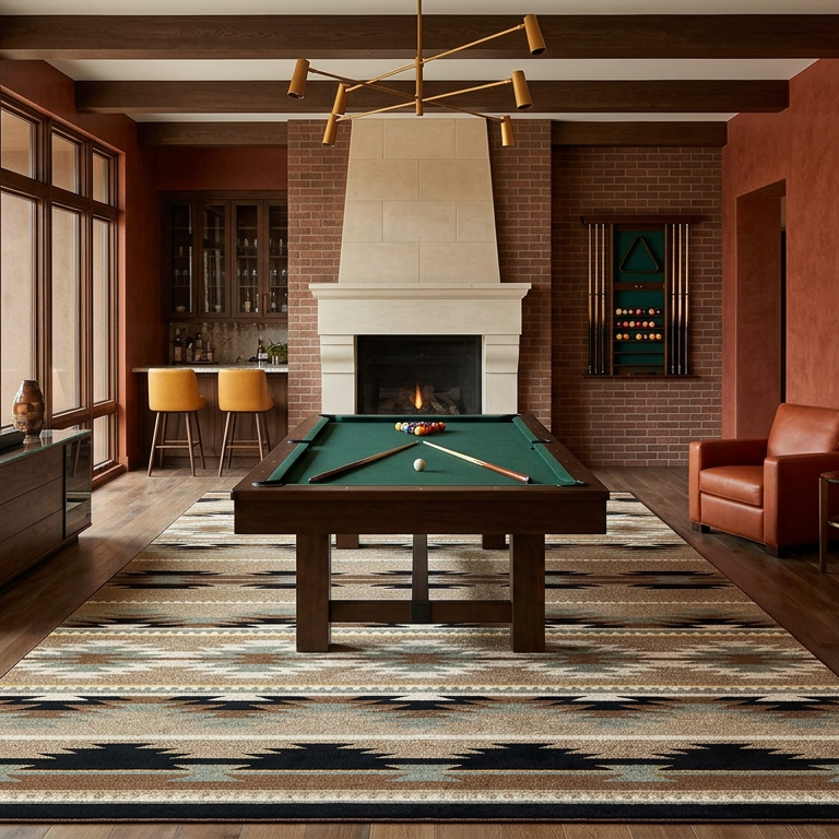 A styled interior room with a green ppool table centered on a patterned rug, terracotta walls, large windows, leather armchairs, and framed wall art. No person or animal is present, but this is not a clean…