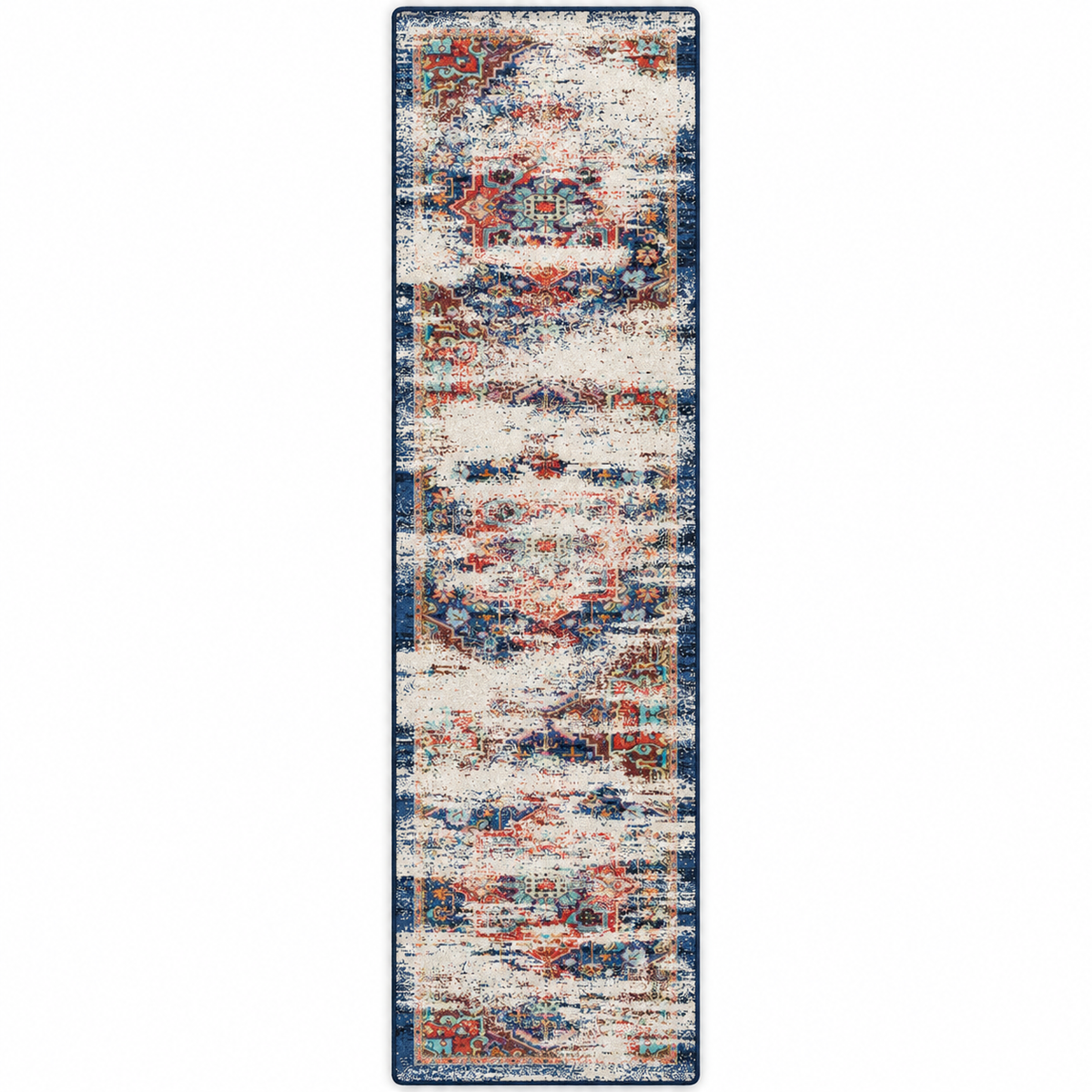 Daydream area rug: area rug with yarn heavy distressing like clouds on a navy blue and orange field bold yet dreamy and classic.