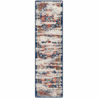 Daydream area rug: area rug with yarn heavy distressing like clouds on a navy blue and orange field bold yet dreamy and classic.