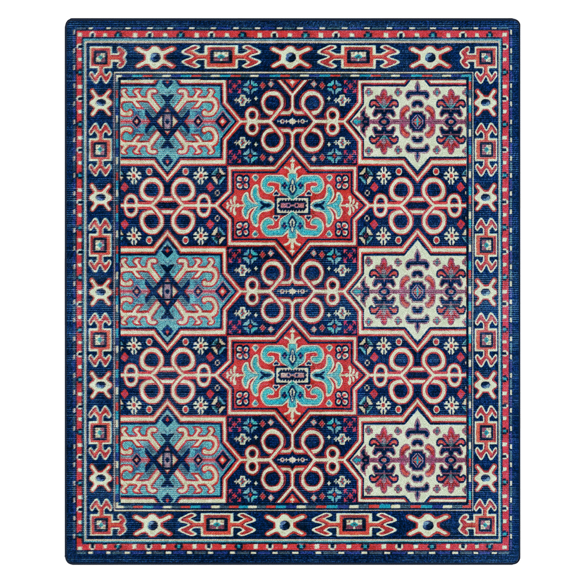 A square area rug with a traditional geometric pattern in navy blue, red, beige, and light blue, shown flat against a white background.