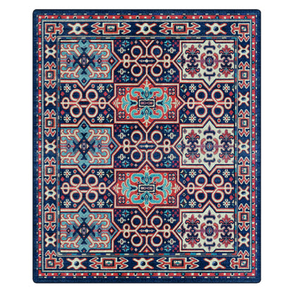 A square area rug with a traditional geometric pattern in navy blue, red, beige, and light blue, shown flat against a white background.