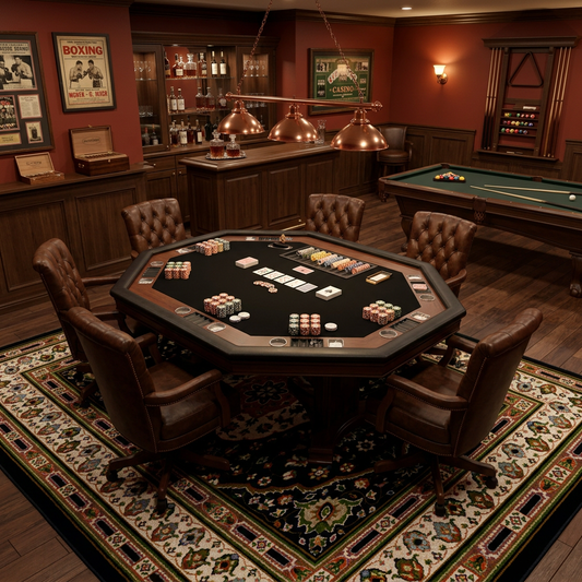 Night Garden area rug in old school poker room with refined shades of leather and billiards table with bar and boxing posters.