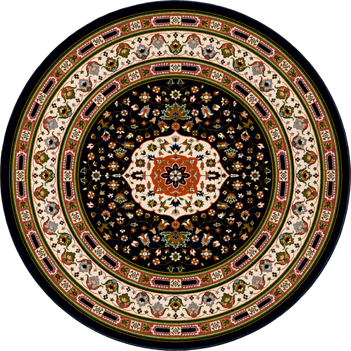 Night Garden area rug: decorative round rug with intricate patterns on a white background.