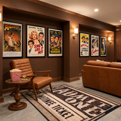 A styled home theater or movie room with brown walls, framed vintage movie posters, a brown leather armchair, a matching sofa, a popcorn bucket on a side table, and a large rug reading 'FAMILY MOVIE TICKET'.