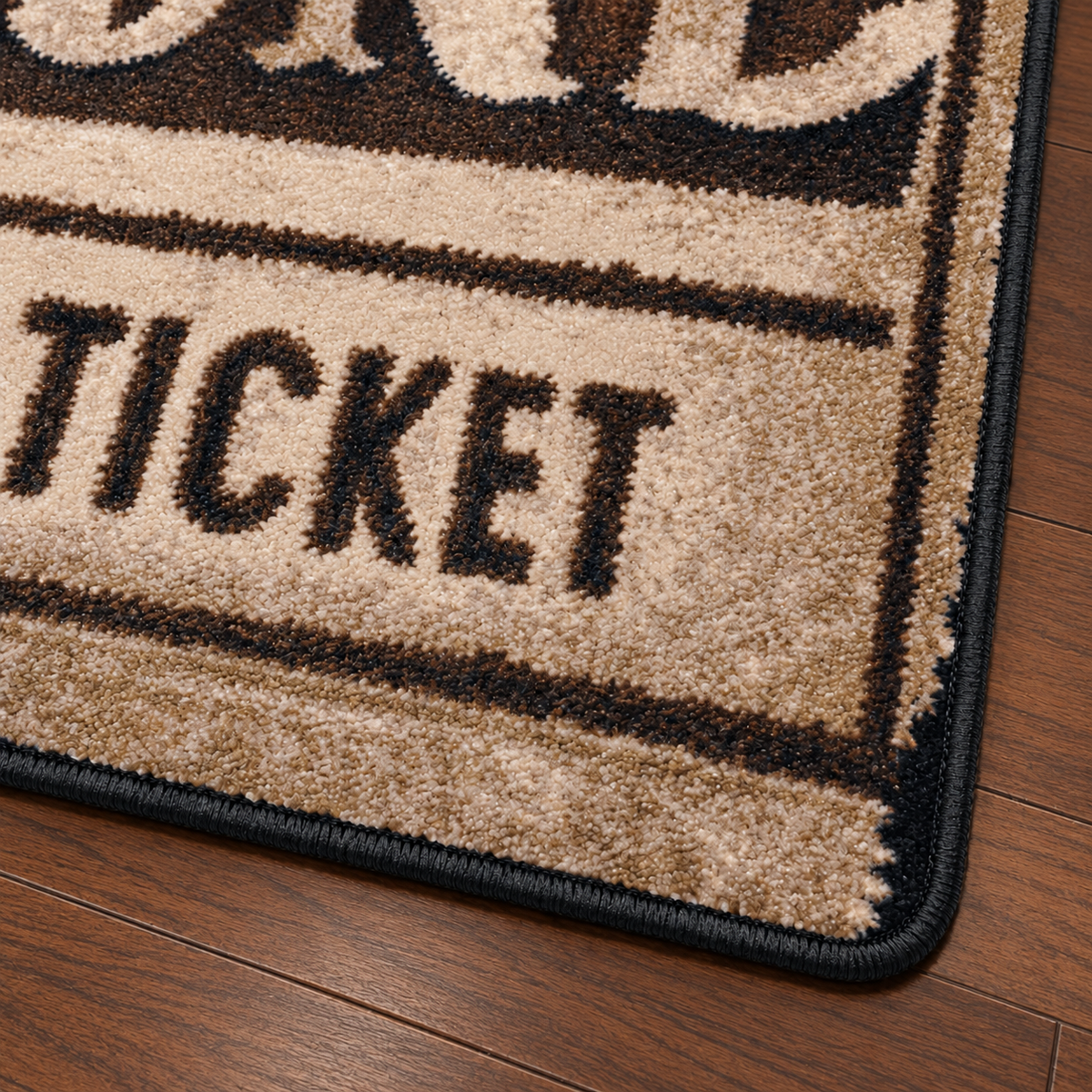 Close-up of a textured doormat corner showing the word 'TICKET' in dark brown on a beige background with a black stitched border.