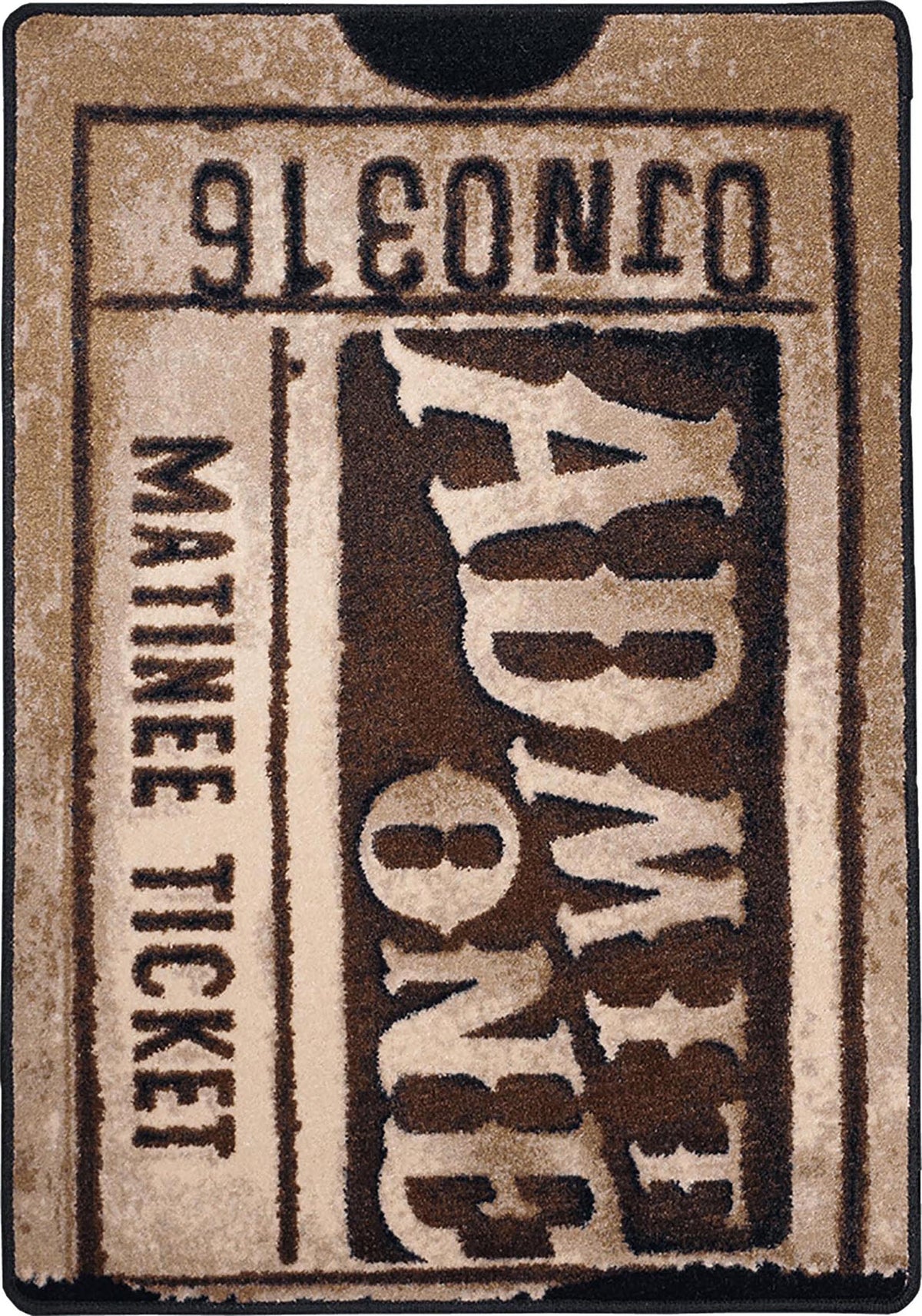 A novelty rug shaped like a vintage movie matinee ticket, featuring a textured design in beige and dark brown with stylized text reading 'ADMIT ONE' and 'MATINEE TICKET'.