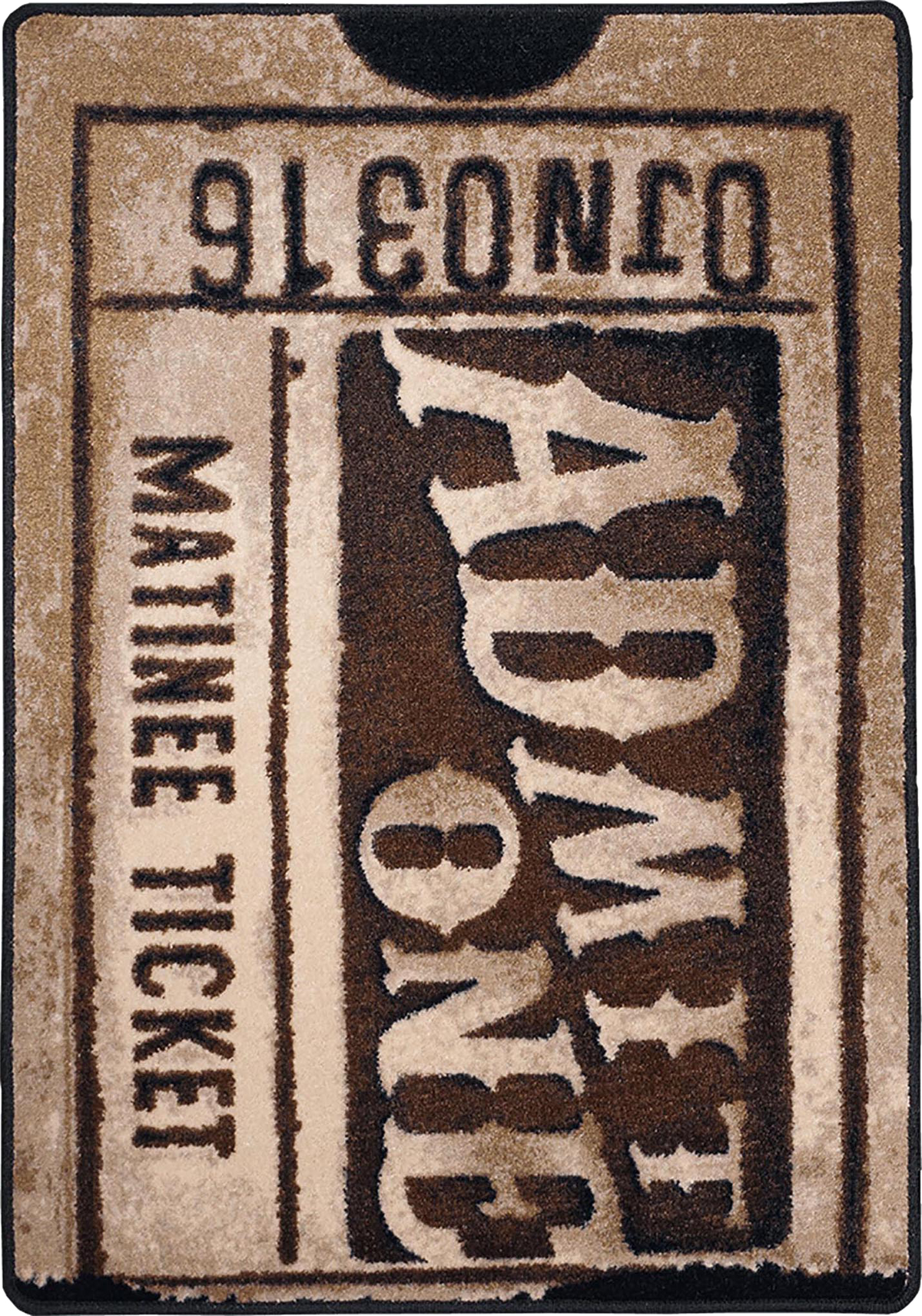 A novelty rug shaped like a vintage movie matinee ticket, featuring a textured design in beige and dark brown with stylized text reading 'ADMIT 8:30' and 'MATINEE TICKET'.