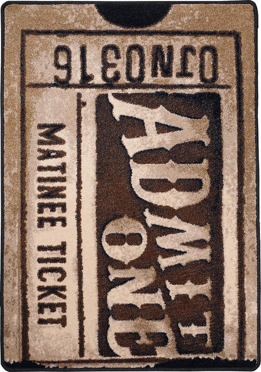 A novelty rug shaped like a vintage movie matinee ticket, featuring a textured design in beige and dark brown with stylized text reading 'ADMIT 8:30' and 'MATINEE TICKET'.