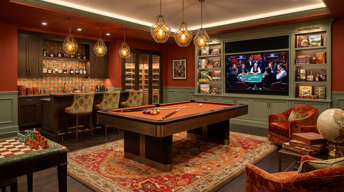 A luxurious home entertainment and bar room featuring a central wooden ppool table with an orange felt surface, a large wall-mounted TV, a built-in bar area with bar stools, shelving, and warm ambient lighting.