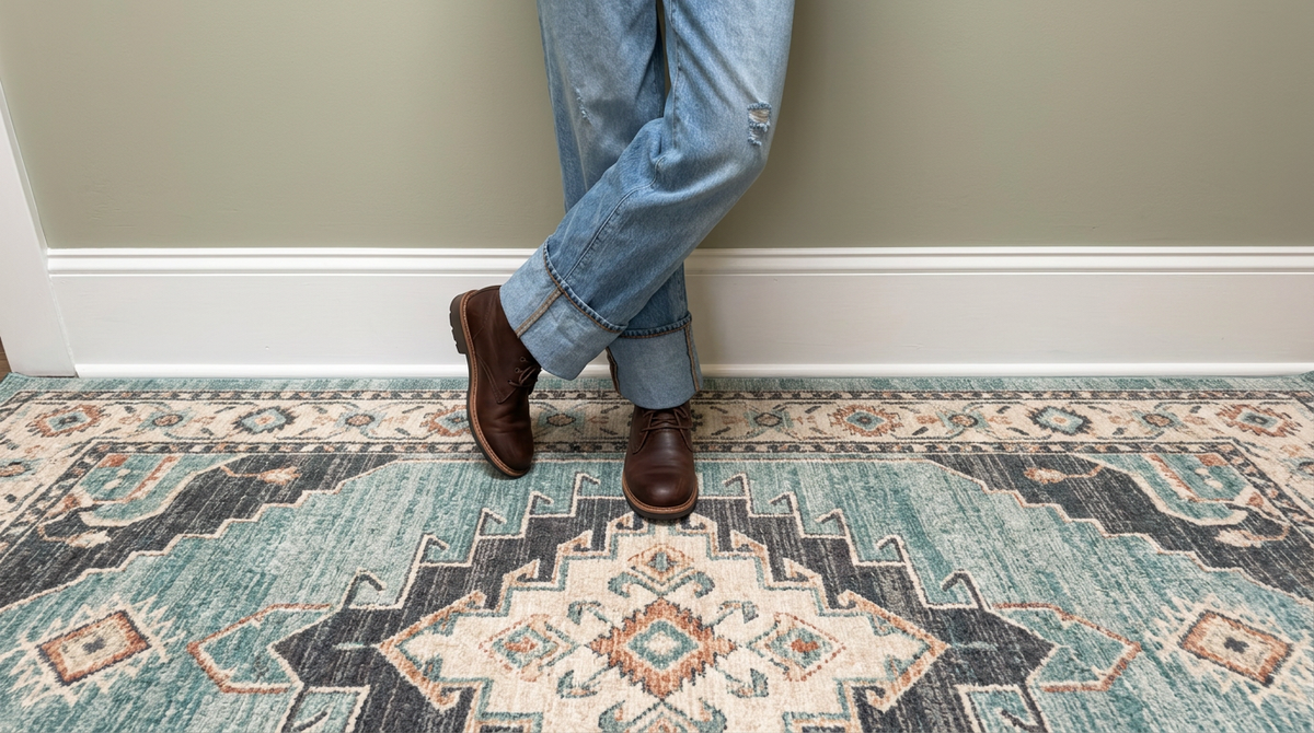 A person wearing blue jeans and brown leather lace-up shoes standing on a patterned area rug in front of a beige wall with white baseboards.