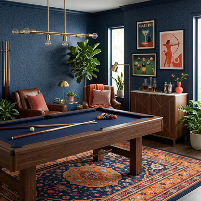 Full House area rug: a styled pool room with a blue and orange rug beneath heavy traiffic in home.