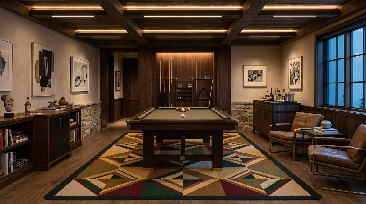 A luxury home office or game room featuring a dark wood ppool table centered on a large geometric patterned area rug. The room has dark wood ceiling beams with integrated LED strip lighting, stone and wood…