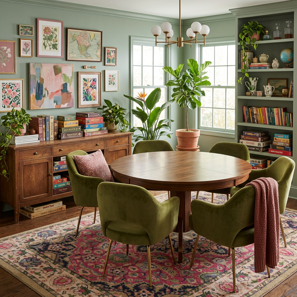 A cozy dining room scene with a round wooden table surrounded by olive green velvet chairs, set on a patterned rug in a room with sage green walls, bookshelves, and framed art.