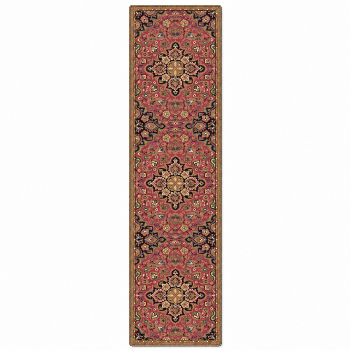 A long rectangular area rug with an ornate traditional medallion pattern in dusty pink, beige, black, and muted blue, shown flat against a plain white background.