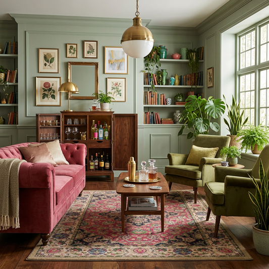 A cozy, vintage-style living room with sage green paneled walls, built-in bookshelves, a pink velvet sofa, olive green armchairs, a wooden coffee table, and a large patterned area rug. The room is decorated with numerous potted plants, framed botanical prints, and warm brass pendant lighting.