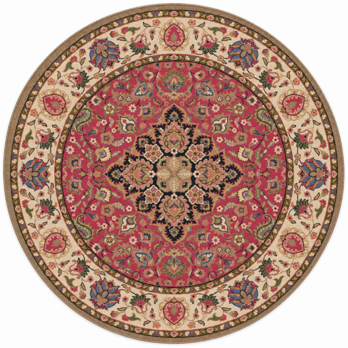 A round traditional area rug with an intricate floral and geometric pattern, featuring a vibrant red-pink center, beige outer borders, and accents of blue, green, and gold.