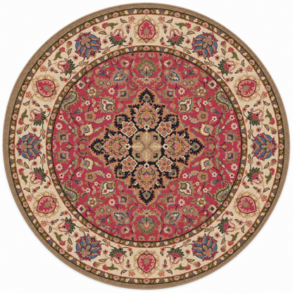 A round traditional area rug with an intricate floral and geometric pattern, featuring a vibrant red-pink center, beige outer borders, and accents of blue, green, and gold.