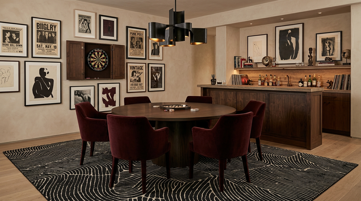 A luxury home bar and dining room setup featuring a round wooden table surrounded by six deep burgundy velvet chairs, set on a black and gray patterned rug. The background showcases a custom wooden bar…
