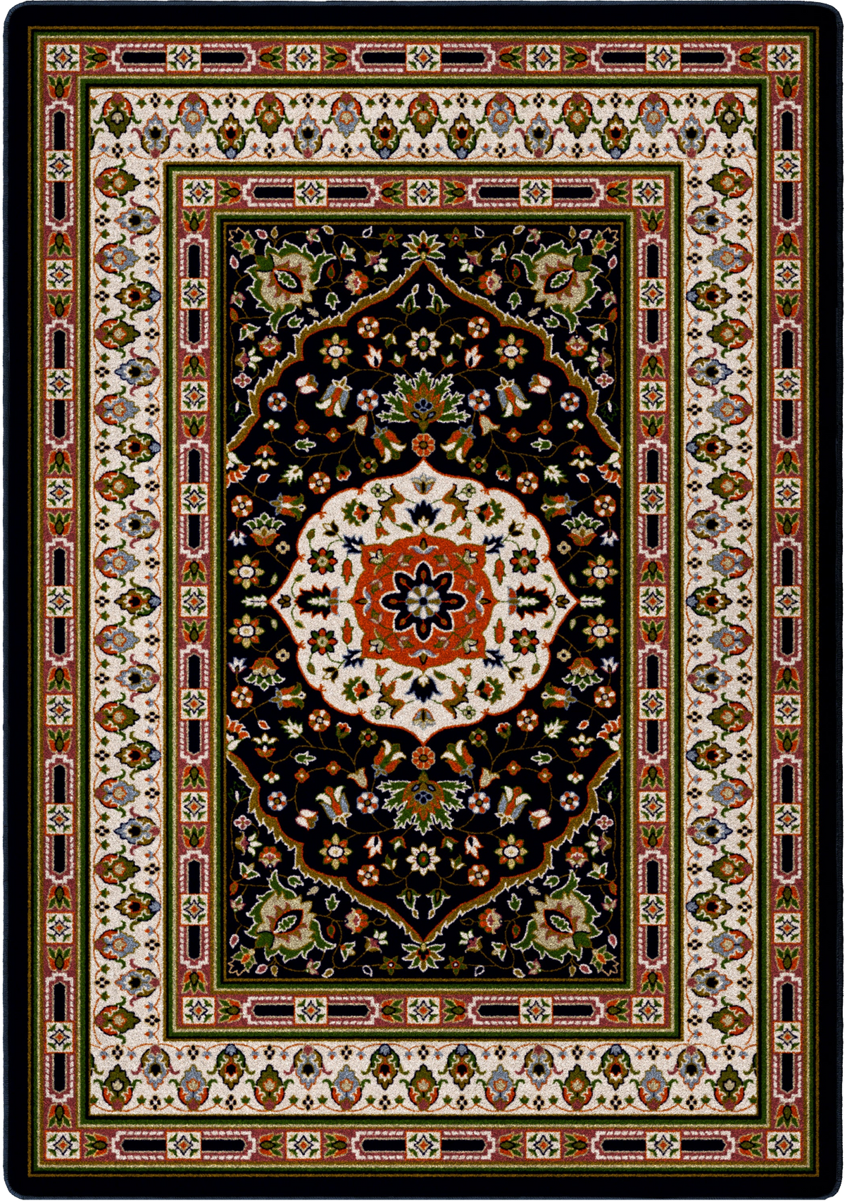 A rectangular traditional-style area rug with an ornate central medallion and detailed border patterns. The design features a black central field, a cream and red medallion, and multicolored floral motifs throughout the borders.