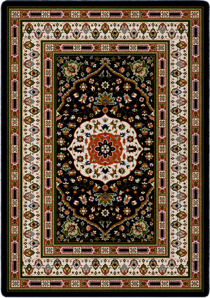 A rectangular traditional-style area rug with an ornate central medallion and detailed border patterns. The design features a black central field, a cream and red medallion, and multicolored floral motifs throughout the borders.