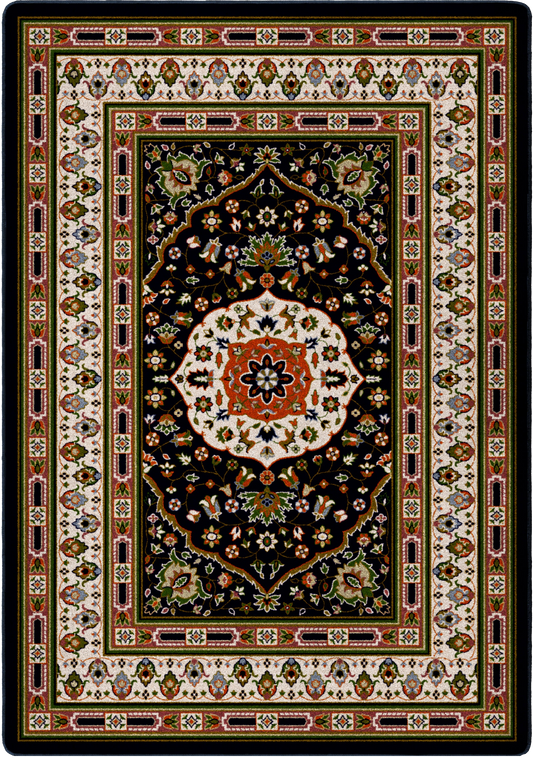 A rectangular traditional-style area rug with an ornate central medallion and detailed border patterns. The design features a black central field, a cream and red medallion, and multicolored floral motifs throughout the borders.