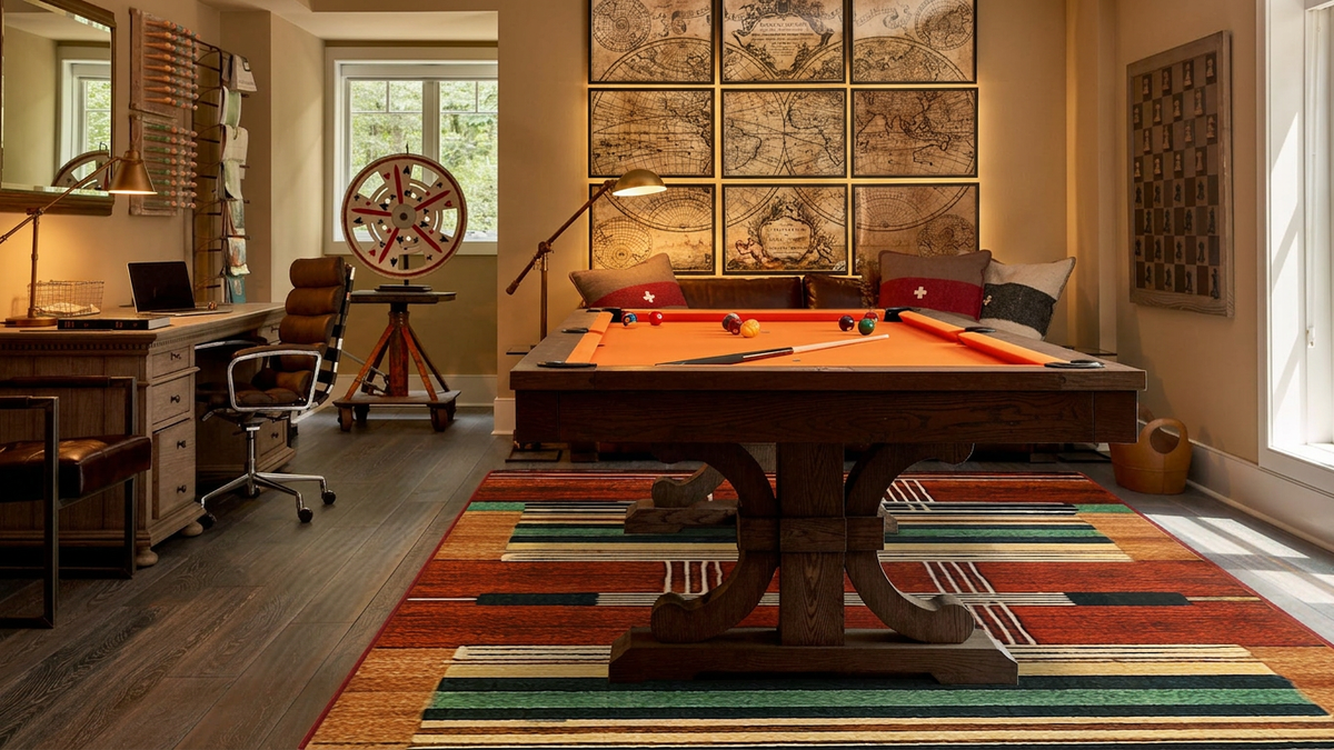 A rustic wooden ppool table with an orange felt surface is set in a warm, styled home office or game room. The table is surrounded by a colorful striped area rug, with a leather sofa, framed vintage maps on…