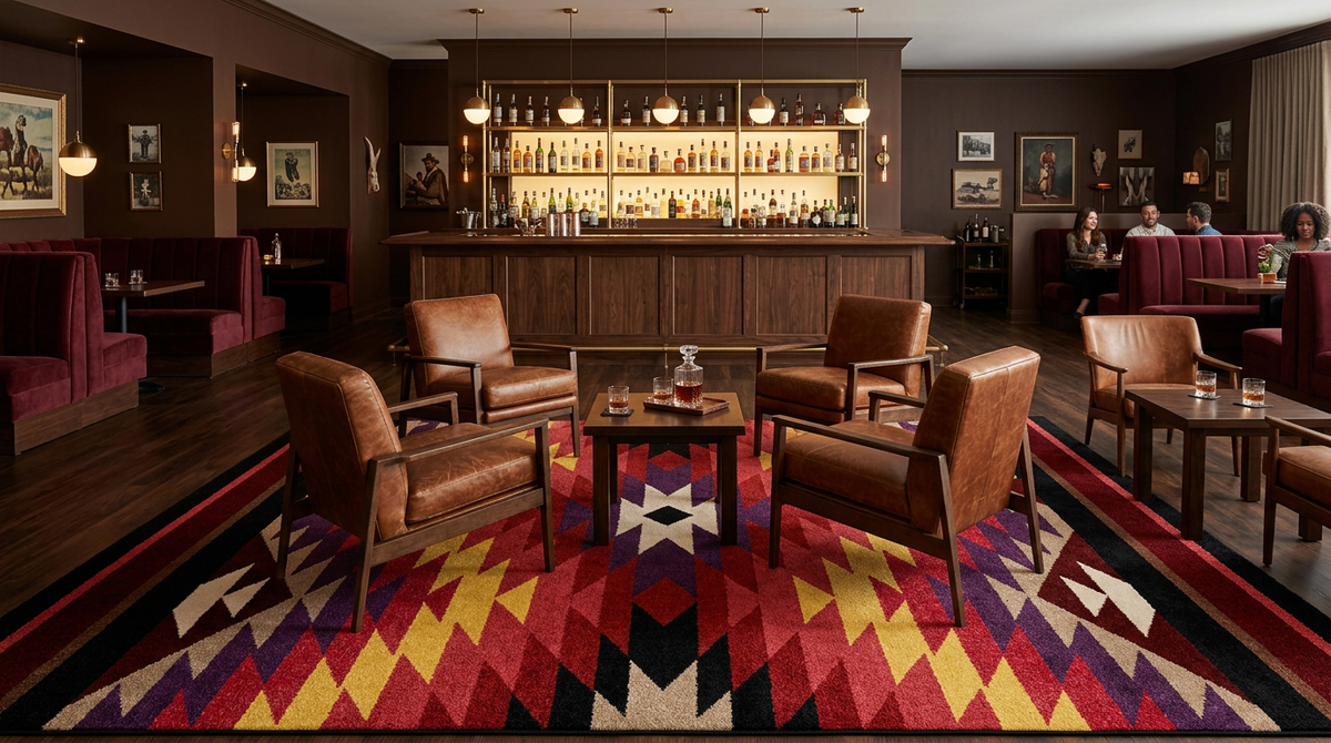 A large geometric patterned area rug in red, yellow, black, and white is displayed in a cozy, dimly lit bar lounge with brown leather armchairs and a wooden bar in the background.