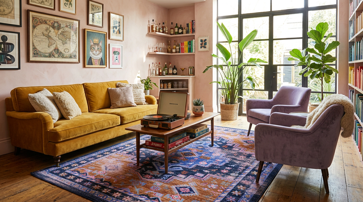 A cozy, stylishly decorated living room featuring a mustard yellow sofa, a purple velvet armchair, a blue and orange patterned area rug, and a wooden coffee table with a record player, set against a pink wall with framed art and bookshelves.