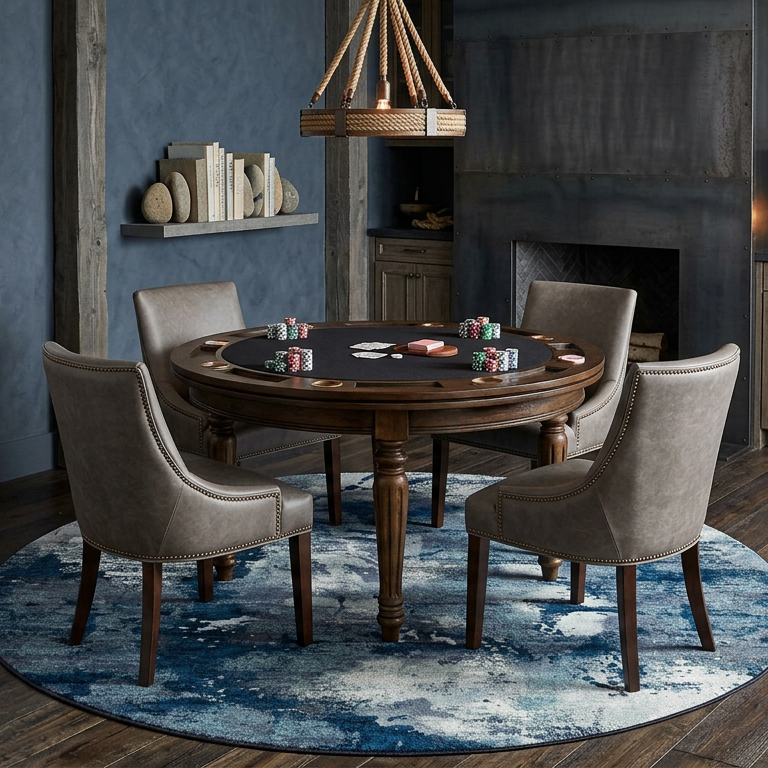 A round wooden dining table with four upholstered gray chairs in a styled room. The table has a dark center surface and sits on a circular blue rug.