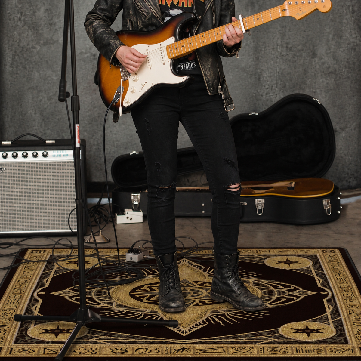 A person wearing a black leather jacket and ripped black jeans stands on a patterned rug, holding a sunburst electric guitar in a music studio setup with an amplifier, microphone stand, and guitar cases.