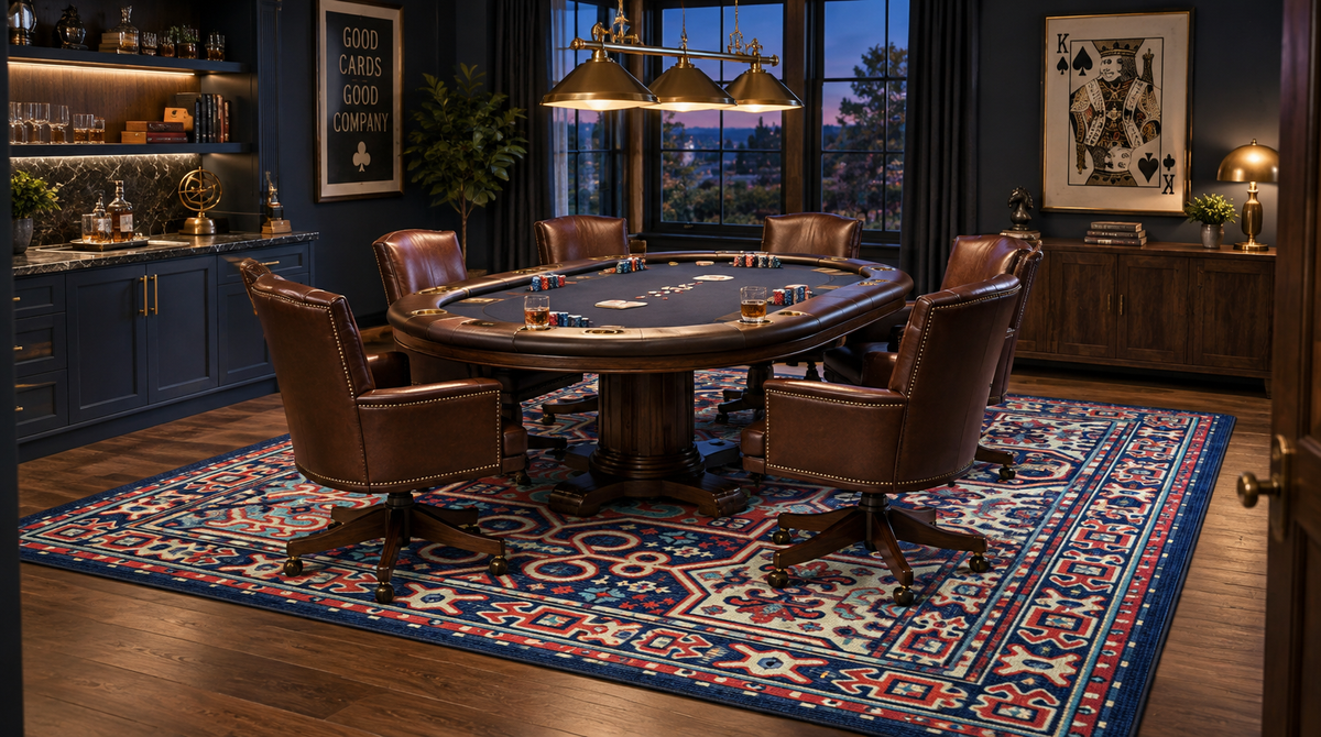 A luxury poker room scene featuring a dark wood oval poker table surrounded by brown leather swivel chairs on a large patterned blue, red, and beige oriental area rug. The room has dark wood floors, navy…