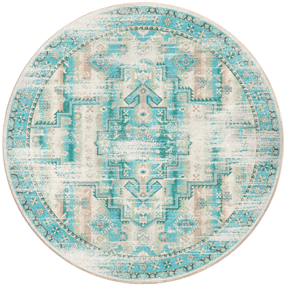 Saltwater round area rug in blue and white with a coastal-inspired pattern