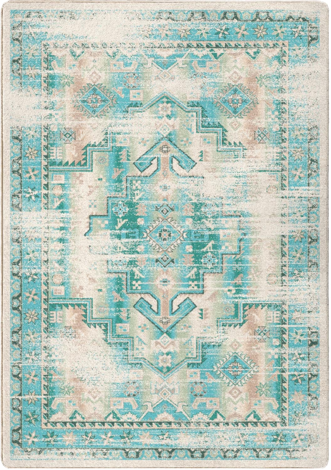 A rectangular area rug with a distressed geometric and medallion pattern in turquoise, teal, cream, and soft blush pink tones.