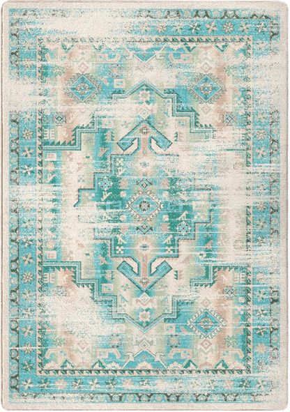 A rectangular area rug with a distressed geometric and medallion pattern in turquoise, teal, cream, and soft blush pink tones.