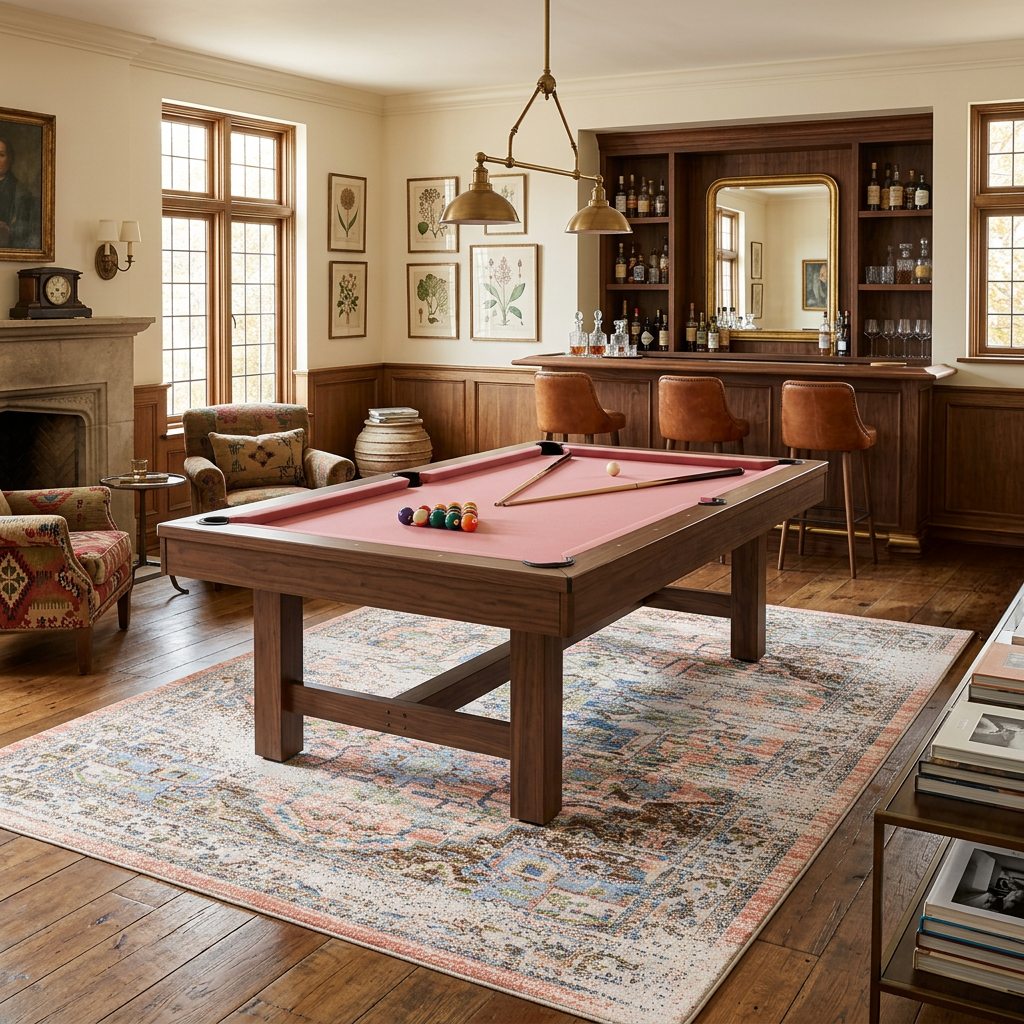 A pink pool table with wooden legs sits on a large vintage-style area rug in a beautifully decorated room with wood floors, a fireplace, and a bar area in the background.