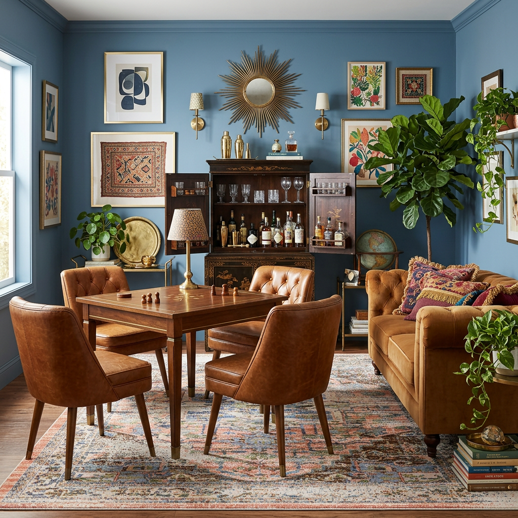 A styled interior room scene with a wooden dining table and four brown leather chairs on a patterned area rug, next to a tufted brown sofa with colorful pillows. The room has blue walls, framed art, a dark wood hutch with glassware, lamps, plants, and decorative accents.