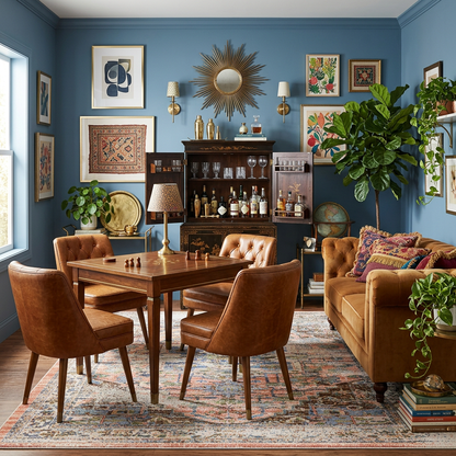 A styled interior room scene with a wooden dining table and four brown leather chairs on a patterned area rug, next to a tufted brown sofa with colorful pillows. The room has blue walls, framed art, a dark wood hutch with glassware, lamps, plants, and decorative accents.