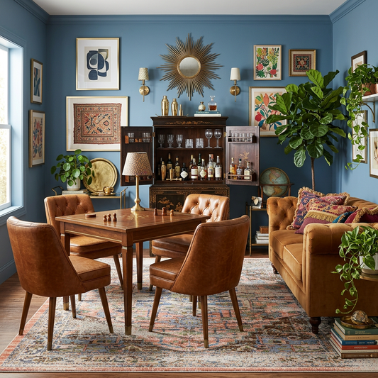 A styled interior room scene with a wooden dining table and four brown leather chairs on a patterned area rug, next to a tufted brown sofa with colorful pillows. The room has blue walls, framed art, a dark wood hutch with glassware, lamps, plants, and decorative accents.