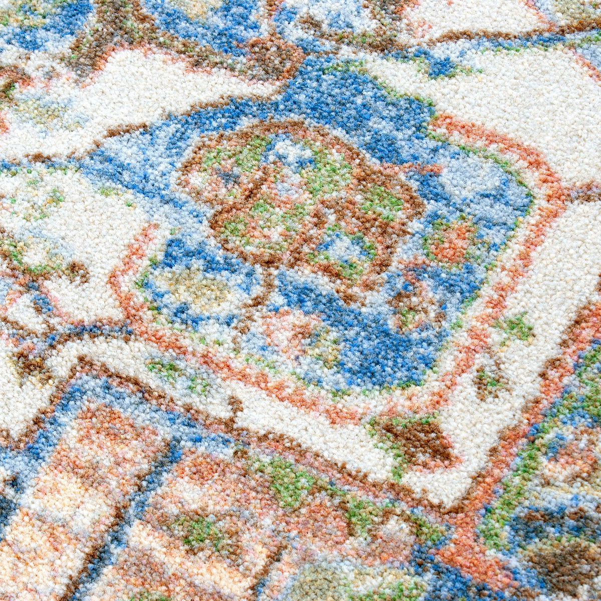 Close-up of a textured area rug with a traditional medallion pattern in cream, blue, terracotta, green, and brown.